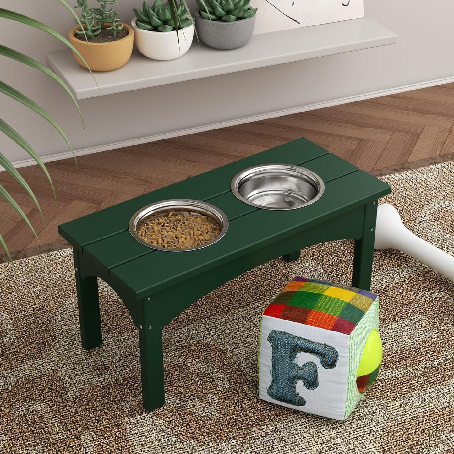 Double Elevated Feeder Wooden Large Dog Food Dinner pet Stand Cat Feeder Stand with 2 Stainless Steel Small Bowls & Wooden Stand Made by Handmade (Dark Green)