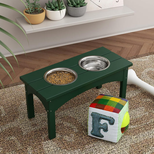 Double Elevated Feeder Wooden Large Dog Food Dinner pet Stand Cat Feeder Stand with 2 Stainless Steel Small Bowls & Wooden Stand Made by Handmade (Dark Green)