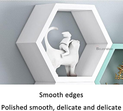 Floating Wall Mounted Set of 3 Hexagonal Engineered Wood Shelves, Honeycomb Wall Shelf, 3 Hexagon with 3 Shelves for Living Room (Purple)