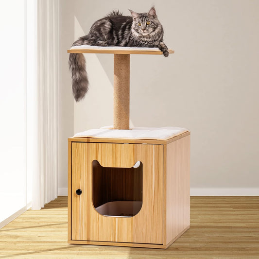 Wooden Cat Condo Cat Litter Box Enclosure, Wooden Cat House with Cat Bed Hidden Cat Washroom Furniture Cat Tree with Scratching Post