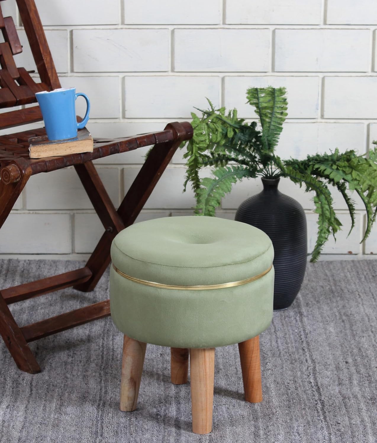 Ottoman Stool for Living Room Foot Rest | Velvet Small Ottoman Foot Stool | Solid Wood Legs | Footstool Puffy for Home, Bedroom & Makeup Table | 30 x 30 cm (12 x 12 Inch) | Light Green