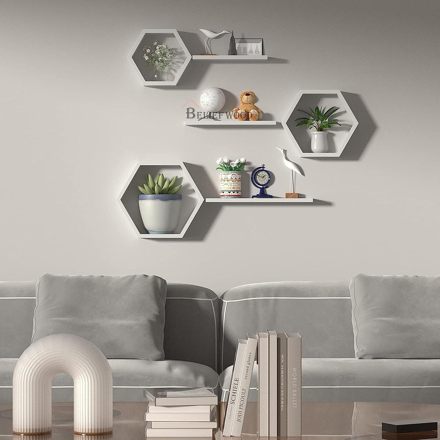 Wooden Hexagon Floating Shelves Wall Mounted Honey Comb Shelf Set of 6 Wall Decor White Wall Shelve for Bedroom Living Room Bathroom Kitchen Office(White)