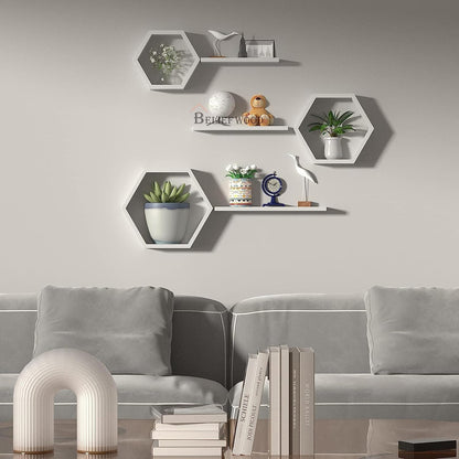 Wooden Hexagon Floating Shelves Wall Mounted Honey Comb Shelf Set of 6 Wall Decor White Wall Shelve for Bedroom Living Room Bathroom Kitchen Office(White)
