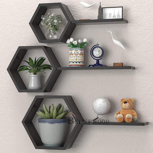 Wooden Hexagon Floating Shelves Wall Mounted Honey Comb Shelf Set of 6 Wall Decor White Wall Shelve for Bedroom Living Room Bathroom Kitchen Office (Black)