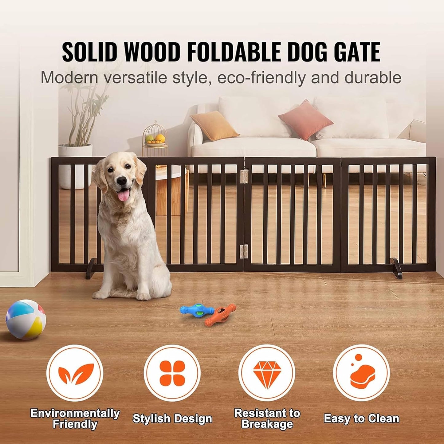 Freestanding Dog Gate | Foldable Wooden Pet Safety Gate for Dogs & Kids | Indoor Barrier with Support Feet for Stairs, Doorways, Hallways & Kitchens - 24" (Brown, 4 Panel)
