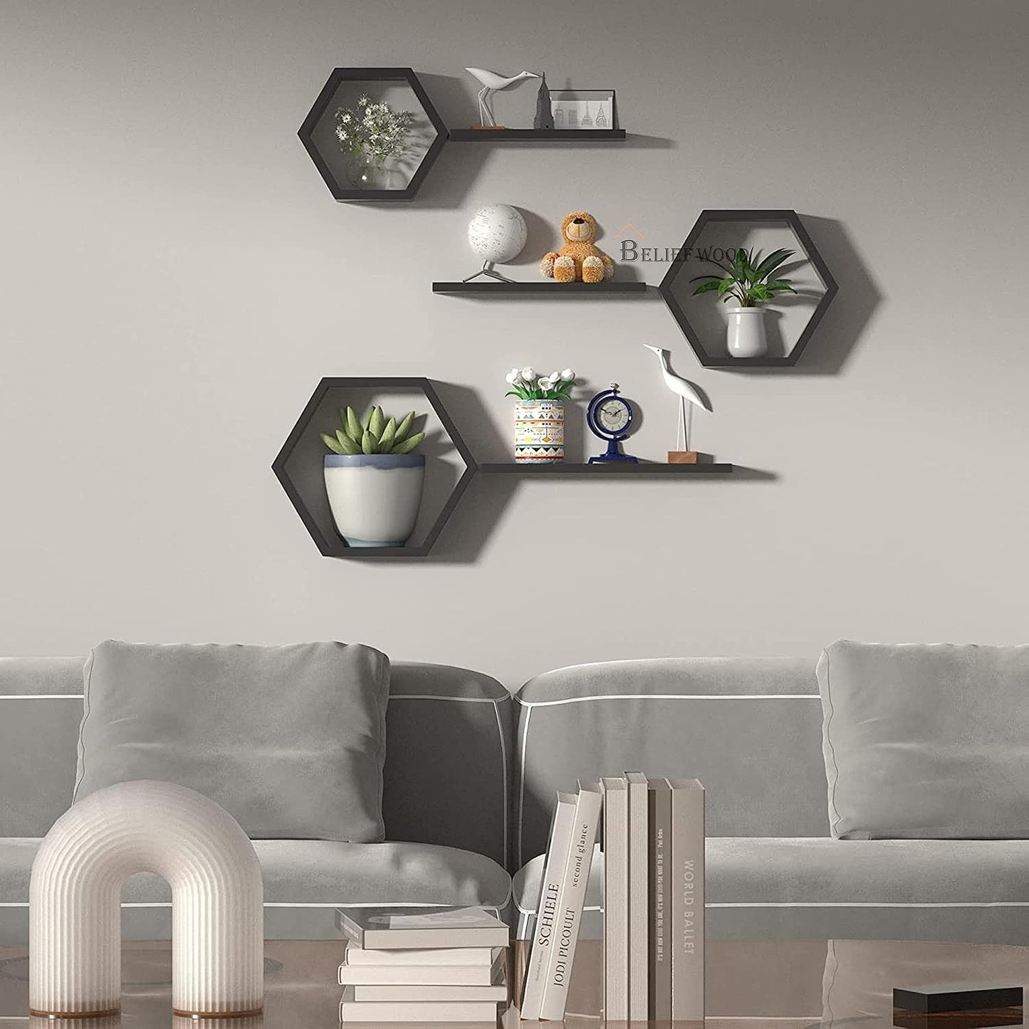 Wooden Hexagon Floating Shelves Wall Mounted Honey Comb Shelf Set of 6 Wall Decor White Wall Shelve for Bedroom Living Room Bathroom Kitchen Office (Black)