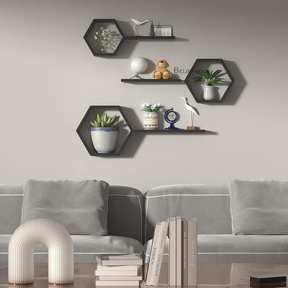 Wooden Hexagon Floating Shelves Wall Mounted Honey Comb Shelf Set of 6 Wall Decor White Wall Shelve for Bedroom Living Room Bathroom Kitchen Office (Black)