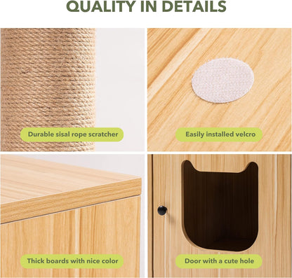 Wooden Cat Condo Cat Litter Box Enclosure, Wooden Cat House with Cat Bed Hidden Cat Washroom Furniture Cat Tree with Scratching Post