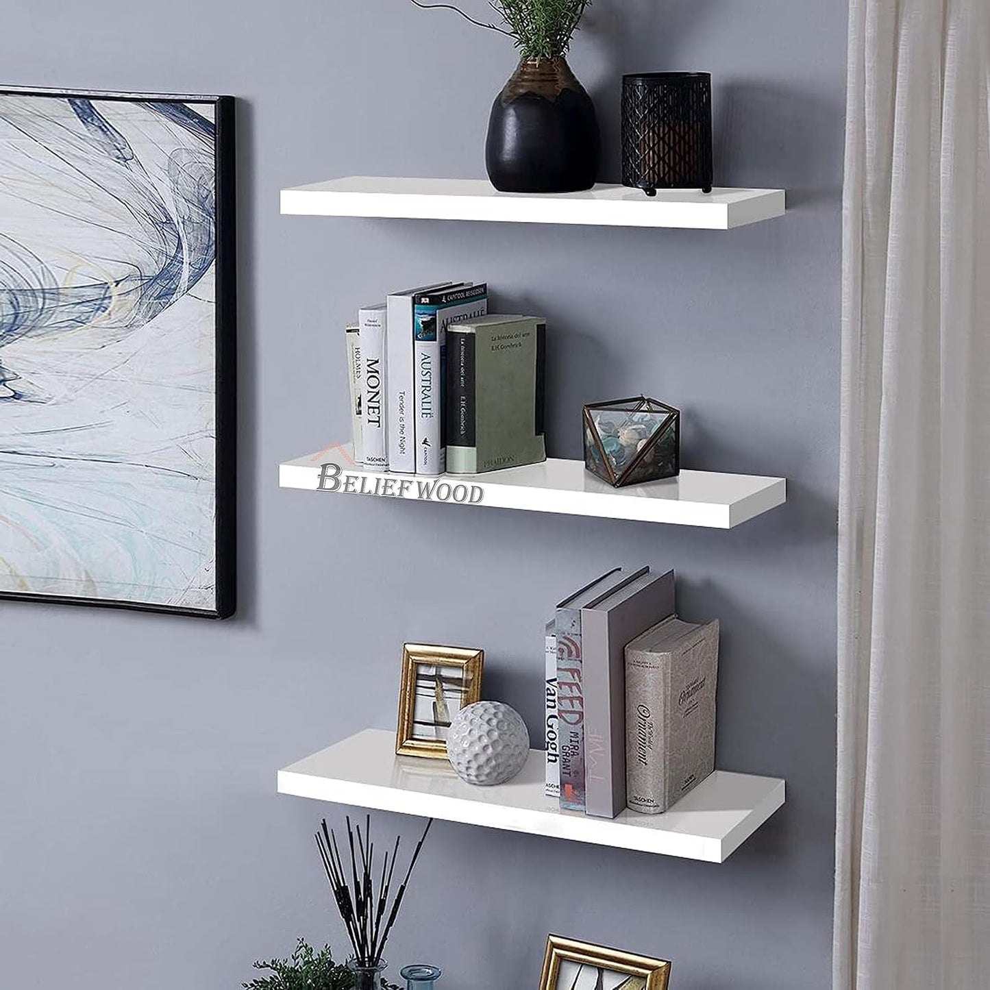 Floating Shelves Solid Wood Wall Shelves Set of 3 Wall Mounted Floating Shelf for Bedroom Living Room Bathroom Kitchen Shelves for Wall Decor Storage etc.