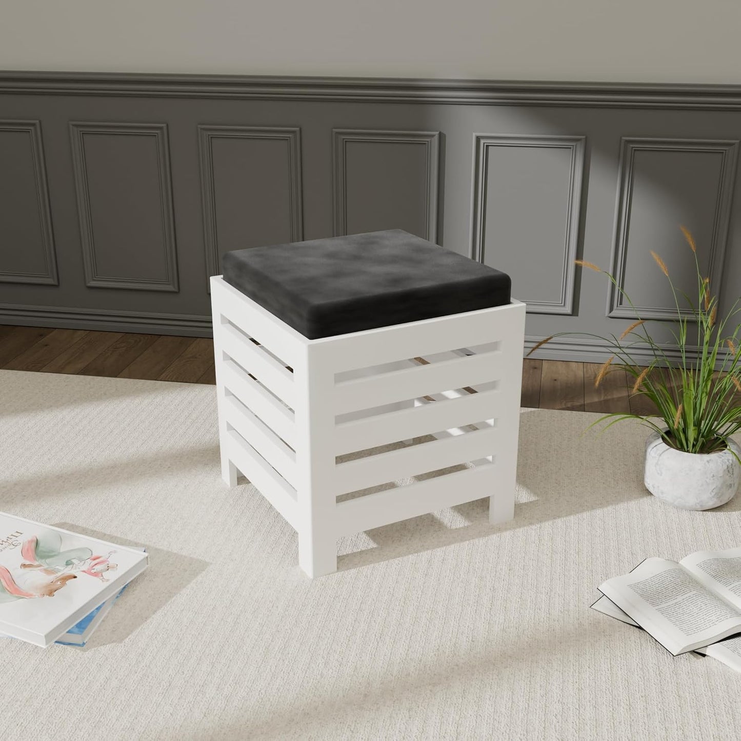 Cushion Wooden Stool| Foot Stool |Fruit Stool| Square Table| Office Stool| Bedside Table | Cushion Stool | Stool for Kitchen Wooden Stool Cotton Cover (White & Black)