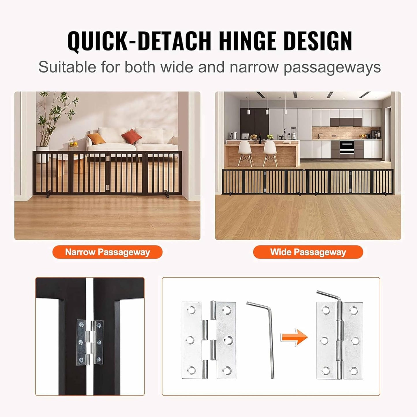 Freestanding Dog Gate | Foldable Wooden Pet Safety Gate for Dogs & Kids | Indoor Barrier with Support Feet for Stairs, Doorways, Hallways & Kitchens - 24" (Brown, 4 Panel)
