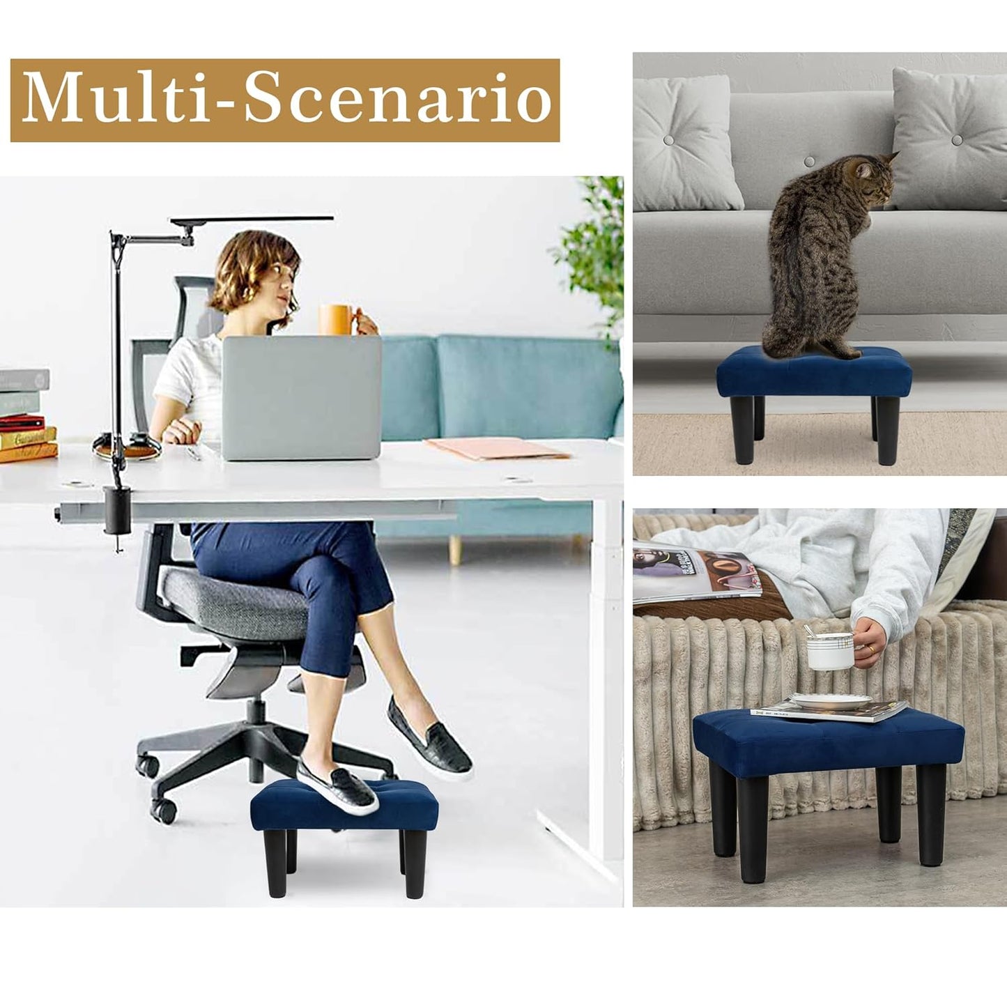 Ottoman Foot Rest, Velvet Small Ottoman Foot Stool with Legs Modern Footstool Ottomans for Living Room Entryway Office, (Velvet-Blue)