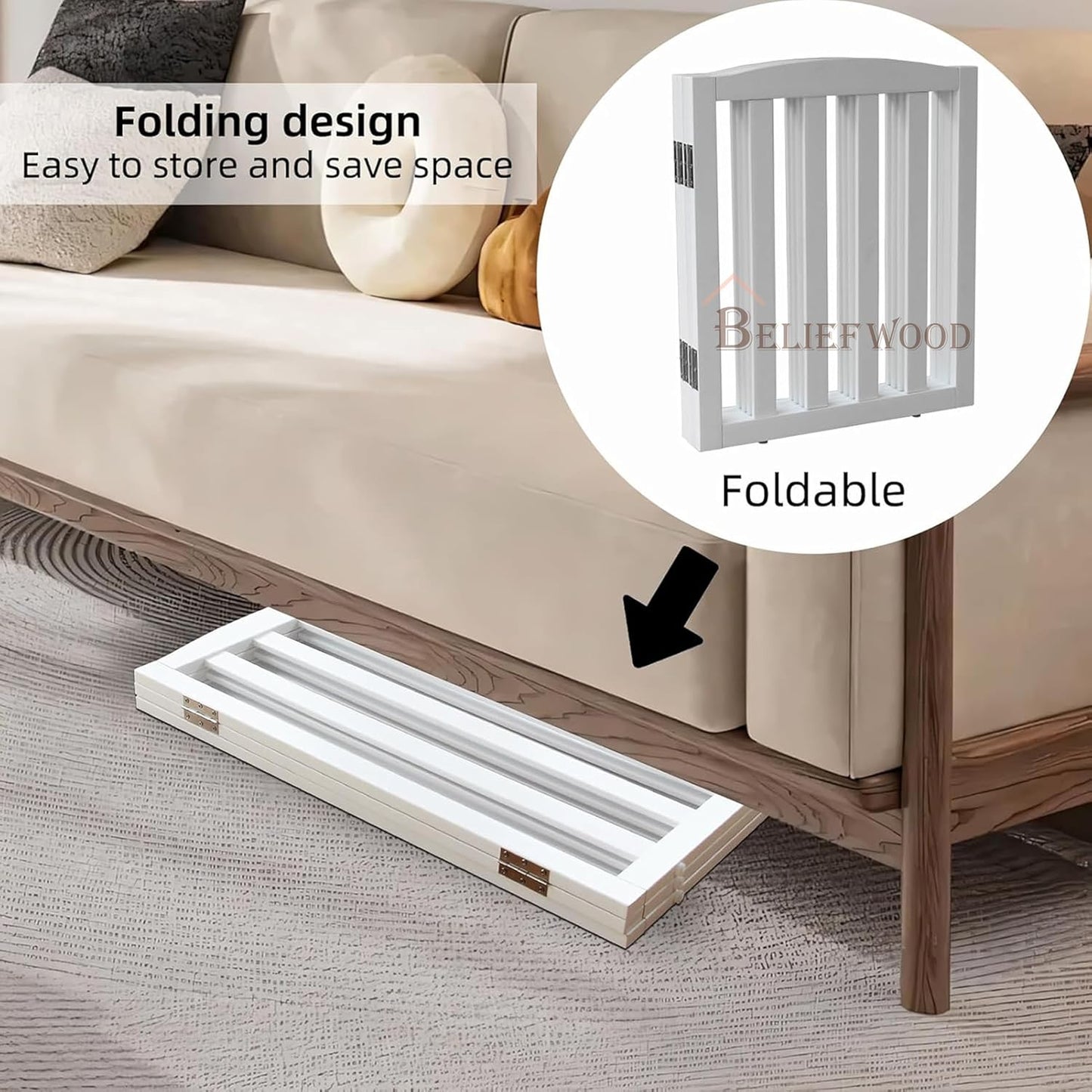 Freestanding Dog Gate | Foldable Wooden Pet Safety Gate for Dogs & Kids | Indoor Barrier with Support Feet for Stairs, Doorways, Hallways & Kitchens - 24" (White, 2 Panel)