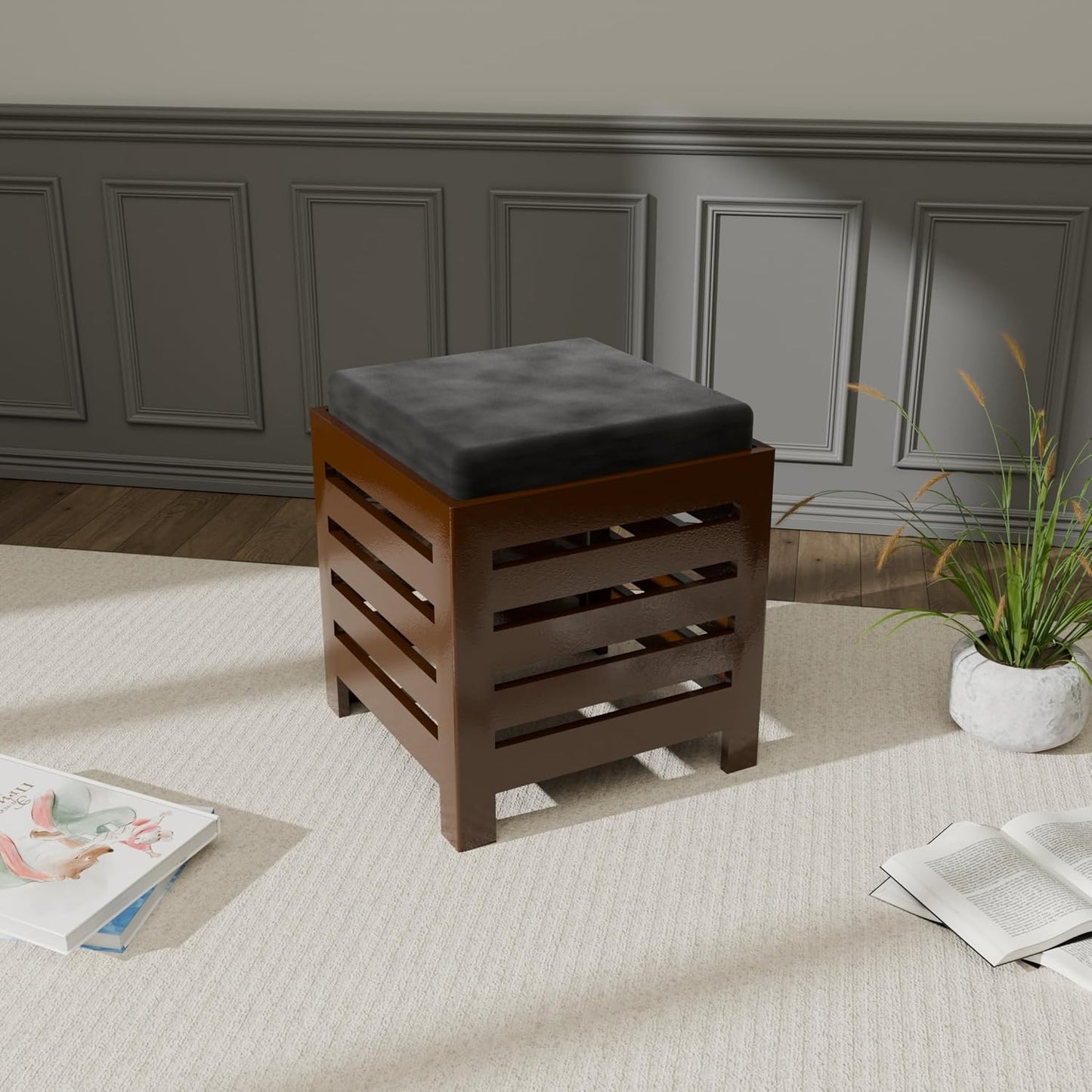 Cushion Wooden StoolHandcrafted Wooden Stool with Fabric Cushion | Durable Office & Home Furniture | Multipurpose Use (Brown & Black)