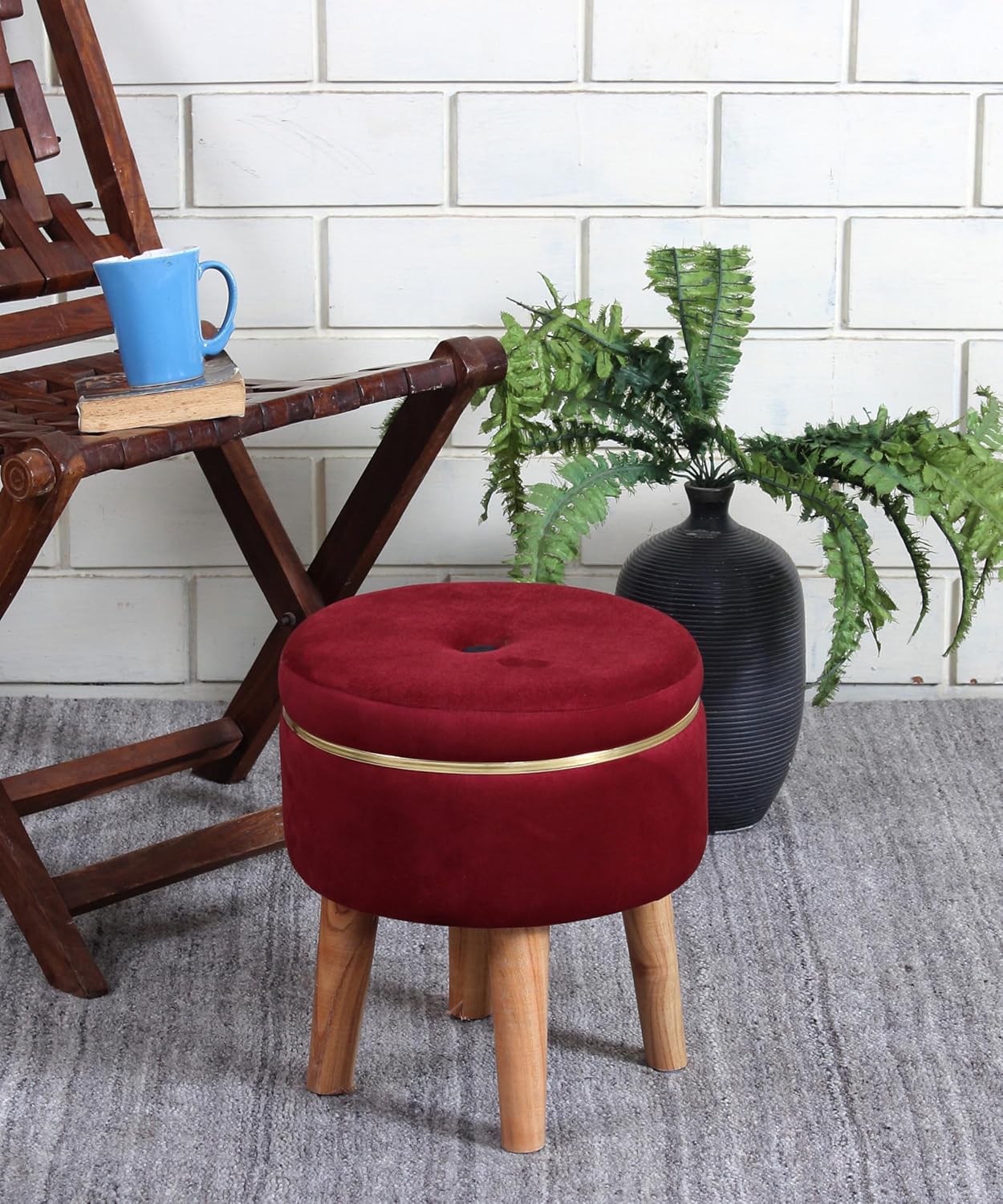 Ottoman Stool for Living Room Foot Rest | Velvet Small Ottoman Foot Stool | Solid Wood Legs | Footstool Puffy for Home, Bedroom & Makeup Table | 30 x 30 cm (12 x 12 Inch) | Maroon