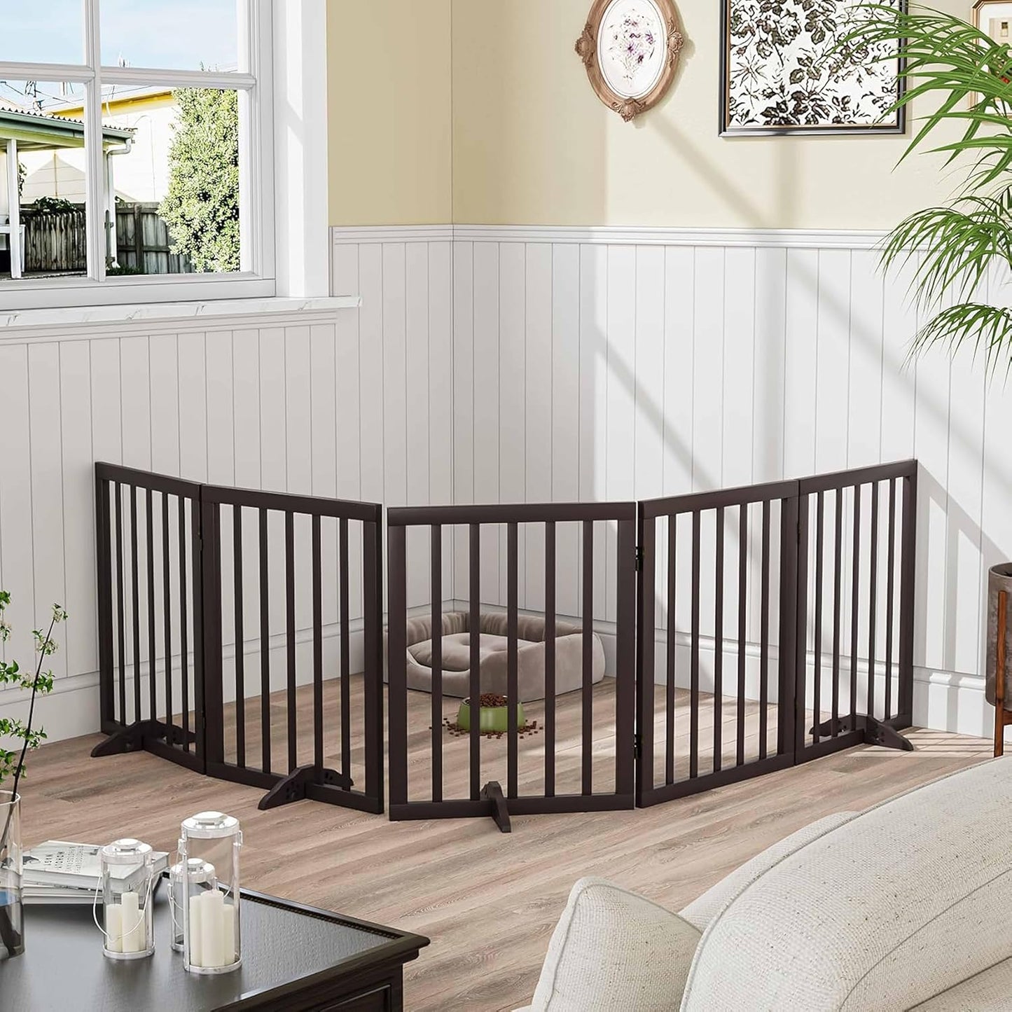 Freestanding Dog Gate – Foldable Wooden Pet Safety Gate for Dogs & Kids | Indoor Barrier with Support Feet | 24″ (Brown, 2 Panel)