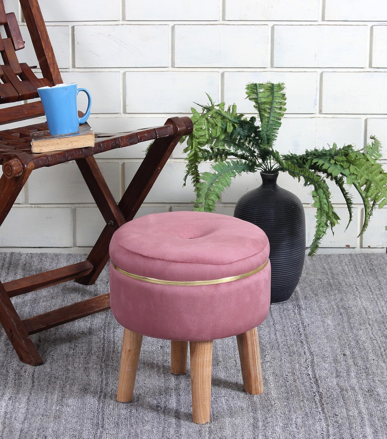 Ottoman Stool for Living Room Foot Rest | Velvet Small Ottoman Foot Stool | Solid Wood Legs | Footstool Puffy for Home, Bedroom & Makeup Table | 30 x 30 cm (12 x 12 Inch) | Gajri