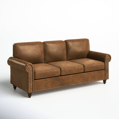 Modern 78" Brown Faux Leather 3-Seater Sofa Couch