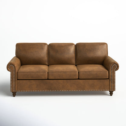 Modern 78" Brown Faux Leather 3-Seater Sofa Couch
