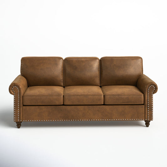 Modern 78" Brown Faux Leather 3-Seater Sofa Couch