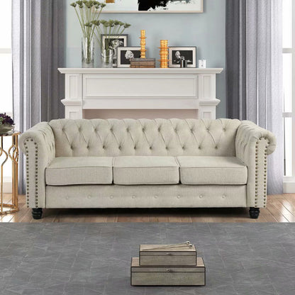 Luxury Chesterfield Tufted Fabric Sofa – 3 Seater Modern Living Room Couch with Nailhead Arms