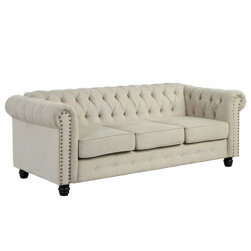 Luxury Chesterfield Tufted Fabric Sofa – 3 Seater Modern Living Room Couch with Nailhead Arms