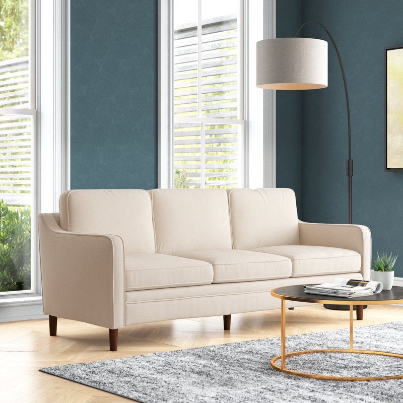 Modern Beige Upholstered 3-Seater Sofa with Solid Wood Legs – Comfortable Fabric Living Room Couch