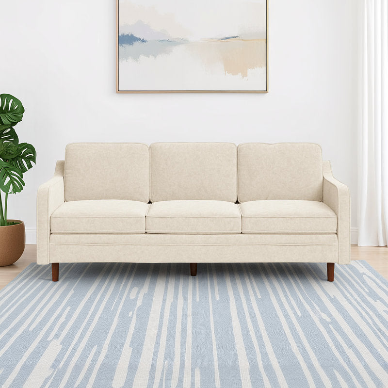 Modern Beige Upholstered 3-Seater Sofa with Solid Wood Legs – Comfortable Fabric Living Room Couch