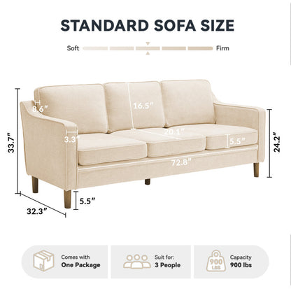 Modern Beige Upholstered 3-Seater Sofa with Solid Wood Legs – Comfortable Fabric Living Room Couch
