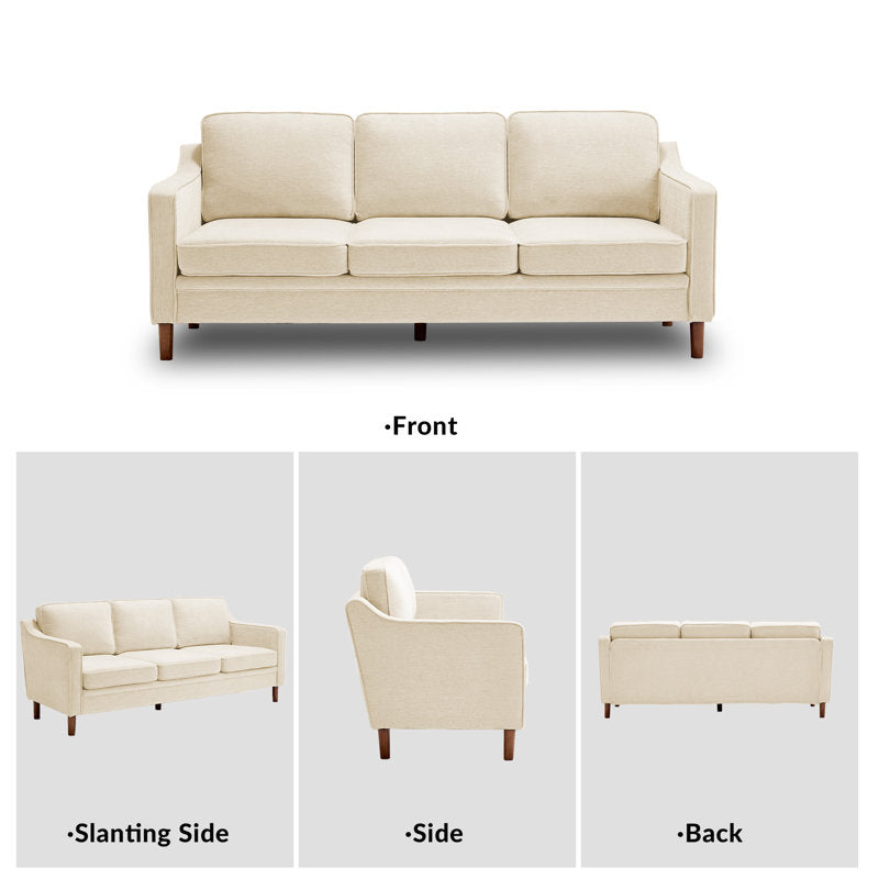 Modern Beige Upholstered 3-Seater Sofa with Solid Wood Legs – Comfortable Fabric Living Room Couch