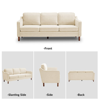 Modern Beige Upholstered 3-Seater Sofa with Solid Wood Legs – Comfortable Fabric Living Room Couch