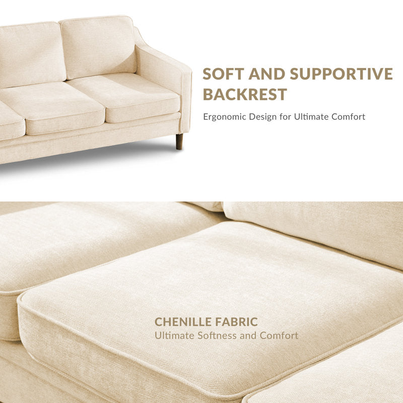 Modern Beige Upholstered 3-Seater Sofa with Solid Wood Legs – Comfortable Fabric Living Room Couch