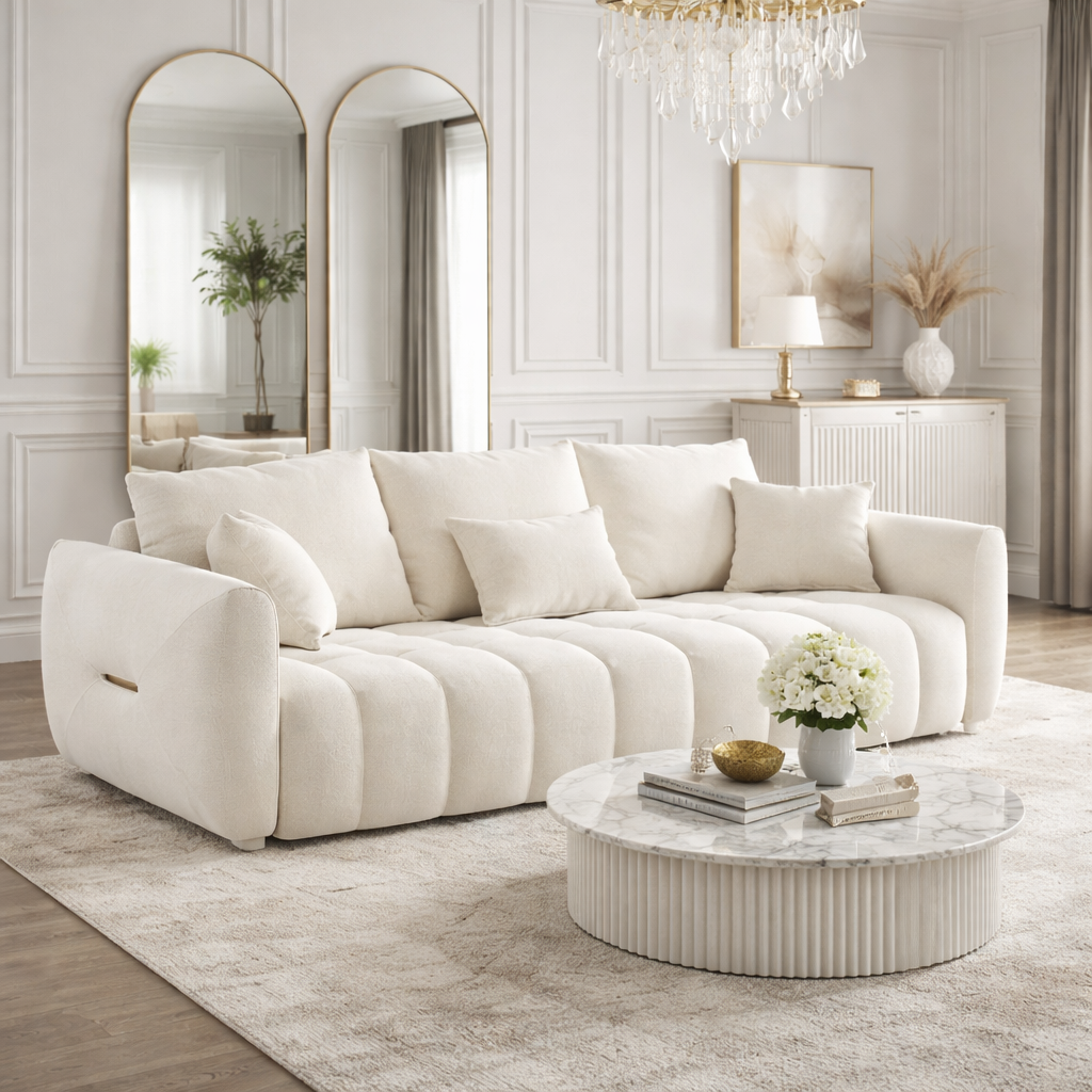 Luxury Modern Bouclé Sofa Set – Cream White Upholstered 3-Seater Couch, Contemporary Living Room Sofa, Premium Soft Fabric Designer Couch for Home & Lounge