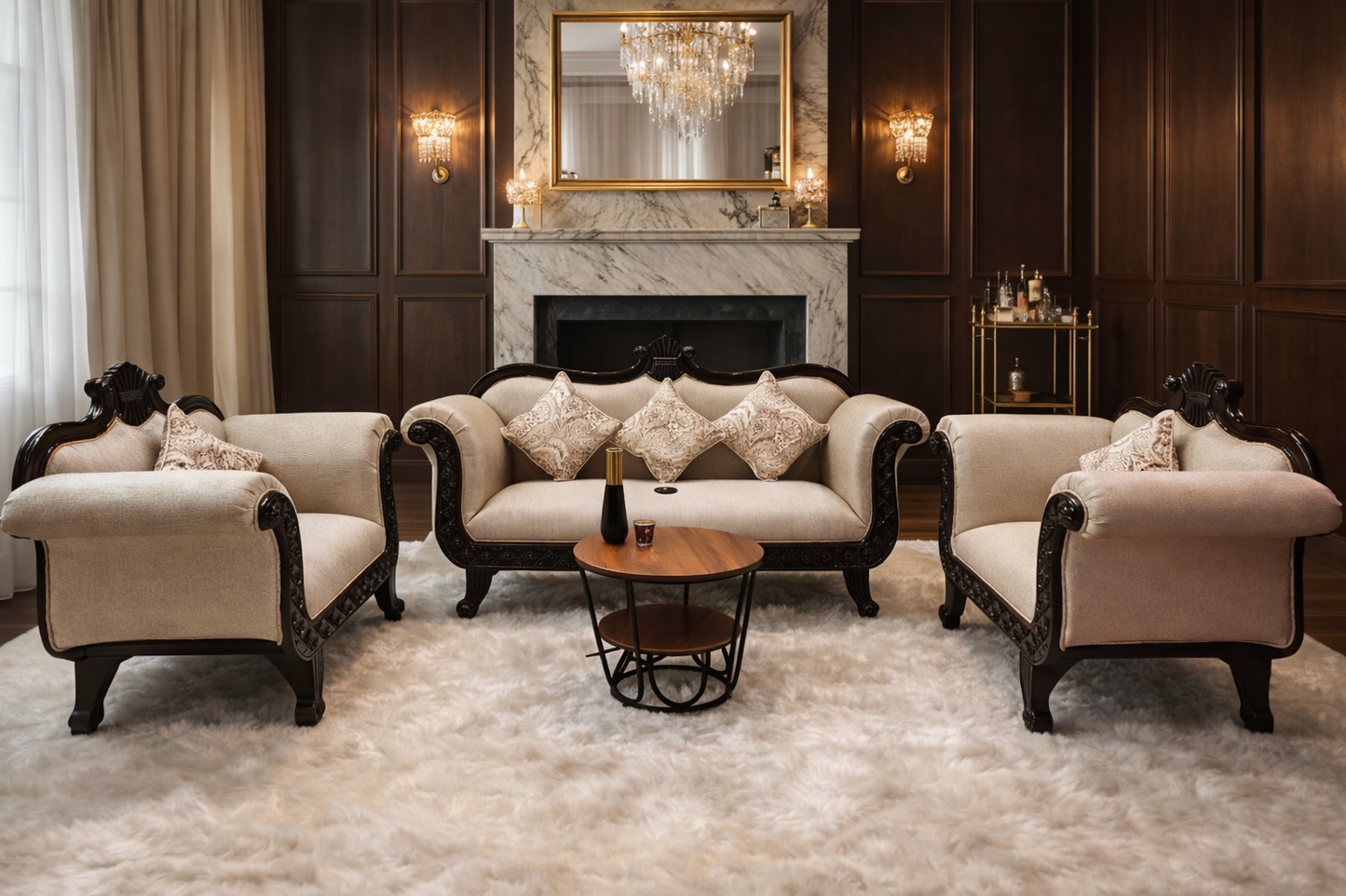 Luxury Hand Carved Wooden Sofa Set 3+1+1 | Royal Living Room Furniture | Premium Upholstered Classic Sofa Couch Set | Solid Wood Frame Traditional Sofa Set
