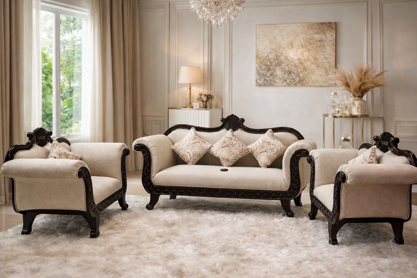 Luxury Hand Carved Wooden Sofa Set 3+1+1 | Royal Living Room Furniture | Premium Upholstered Classic Sofa Couch Set | Solid Wood Frame Traditional Sofa Set