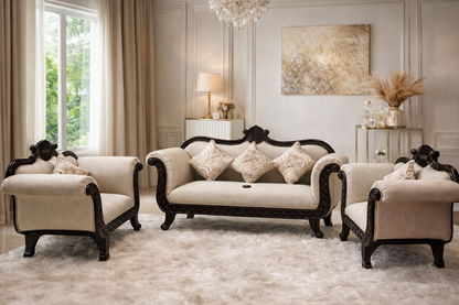 Luxury Hand Carved Wooden Sofa Set 3+1+1 | Royal Living Room Furniture | Premium Upholstered Classic Sofa Couch Set | Solid Wood Frame Traditional Sofa Set