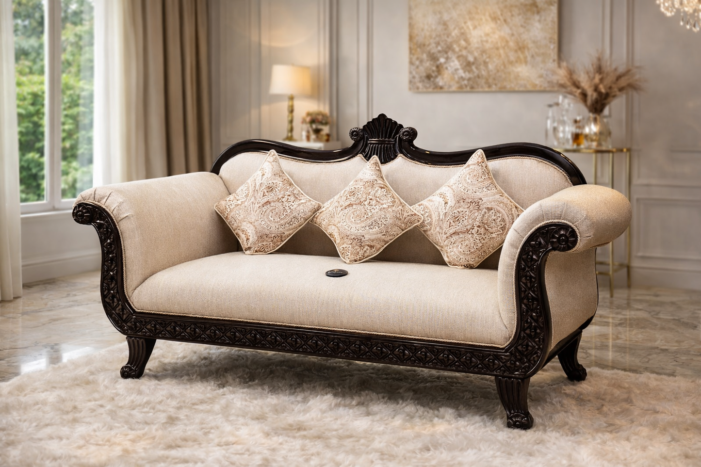 Luxury Hand Carved Wooden Sofa Set 3+1+1 | Royal Living Room Furniture | Premium Upholstered Classic Sofa Couch Set | Solid Wood Frame Traditional Sofa Set