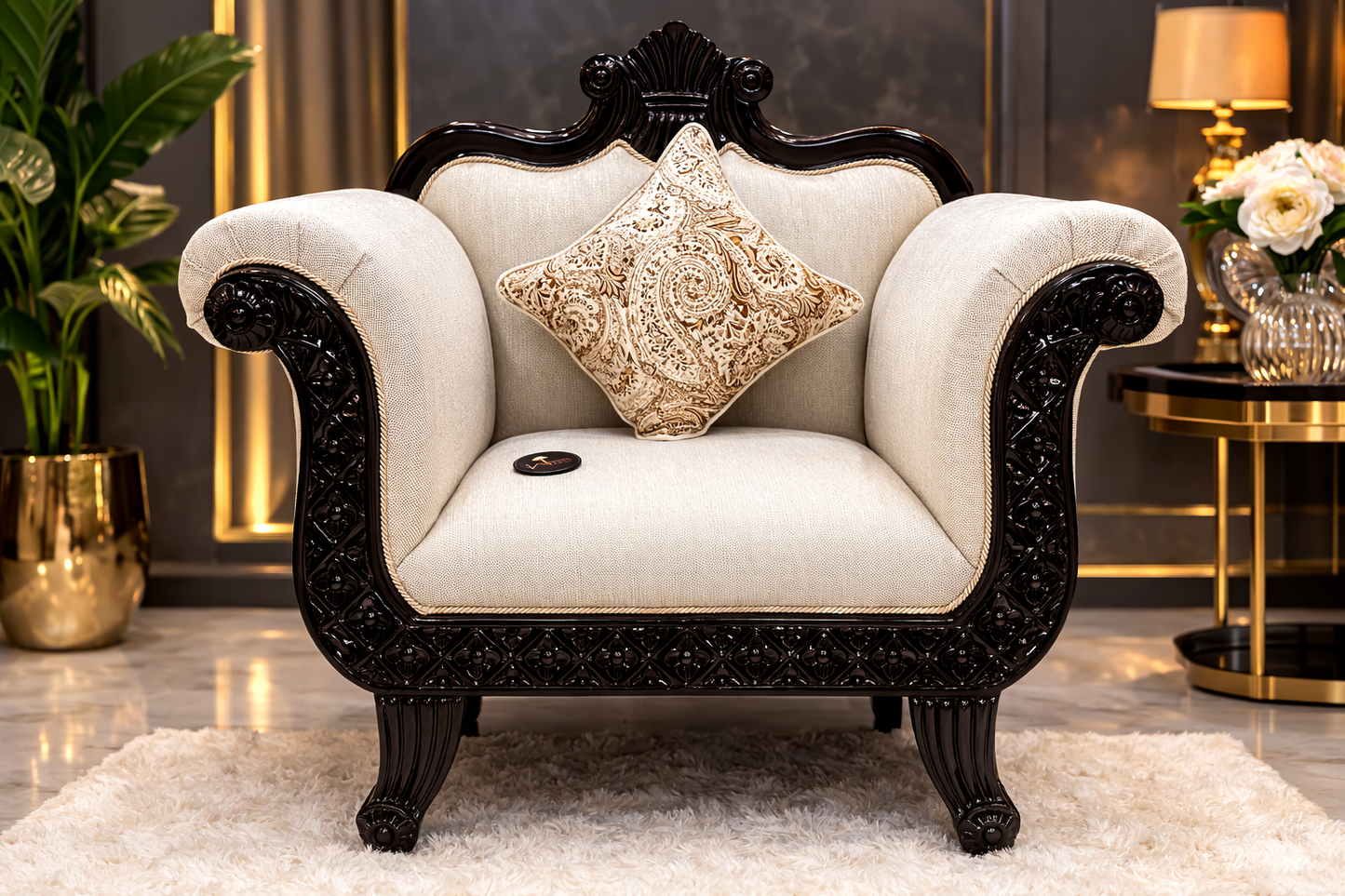 Luxury Hand Carved Wooden Sofa Set 3+1+1 | Royal Living Room Furniture | Premium Upholstered Classic Sofa Couch Set | Solid Wood Frame Traditional Sofa Set