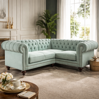Luxury Mint Green Chesterfield Corner Sofa – Tufted Velvet Sectional Couch with Wooden Legs