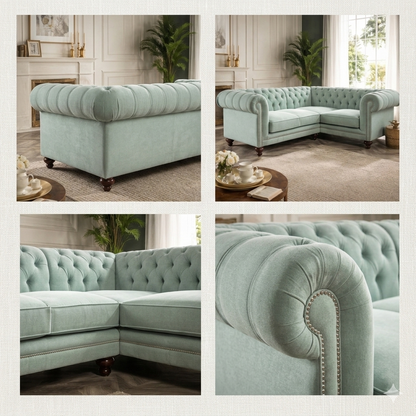 Luxury Mint Green Chesterfield Corner Sofa – Tufted Velvet Sectional Couch with Wooden Legs