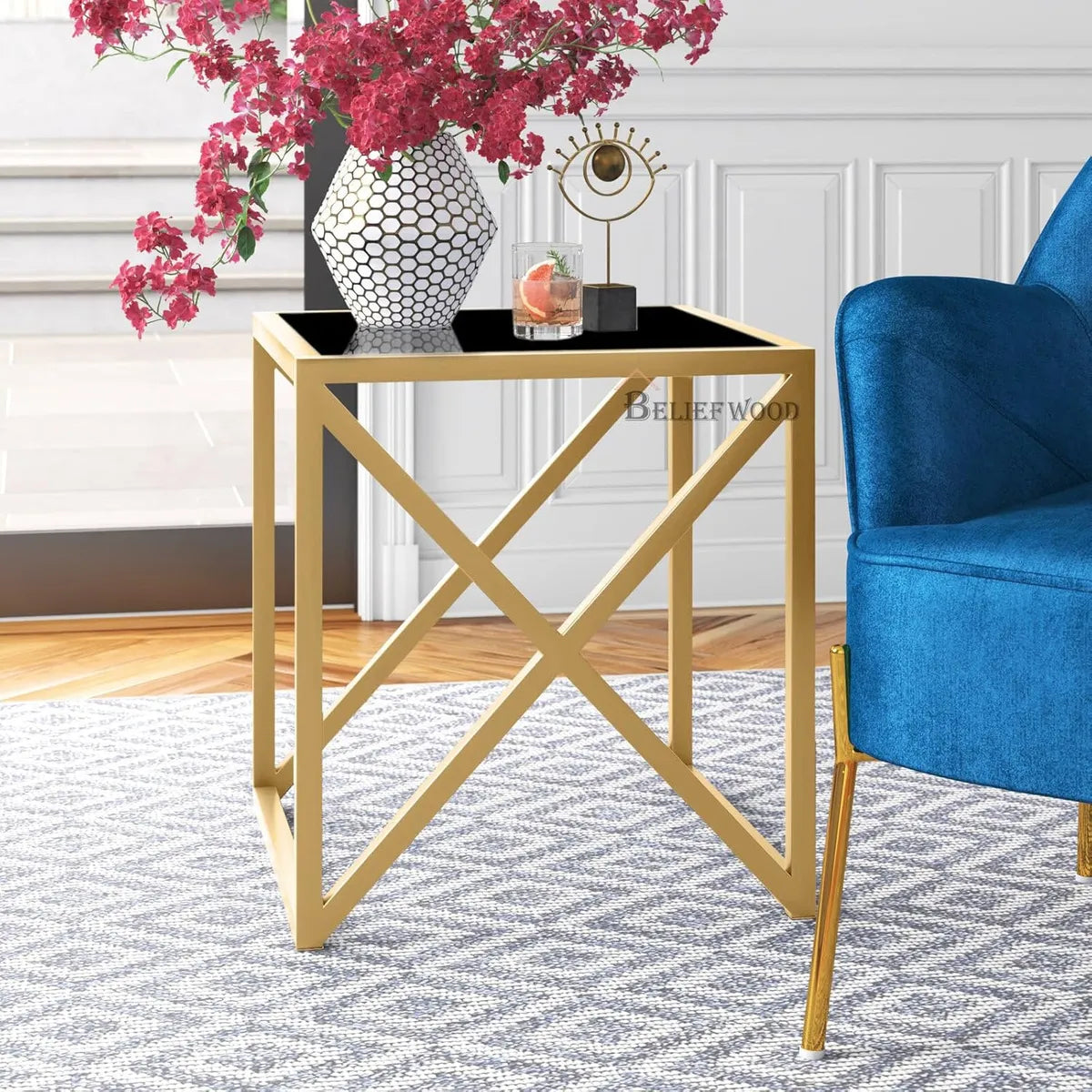 Modern Iron Stool Small Coffee Table Sofa Side Table End Table (Goldern Black)