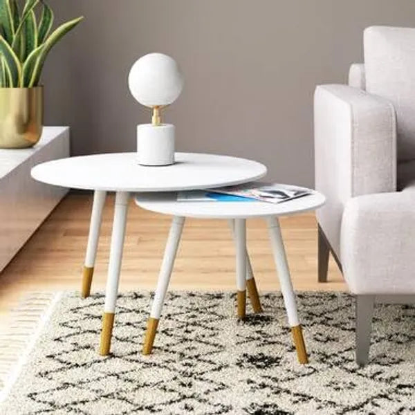 Modern Coffee Table Set of 2 Wth Solid Golden White Legs Nesting Table | Coffee Table | SideTable | End Table for Living Room  &  Office