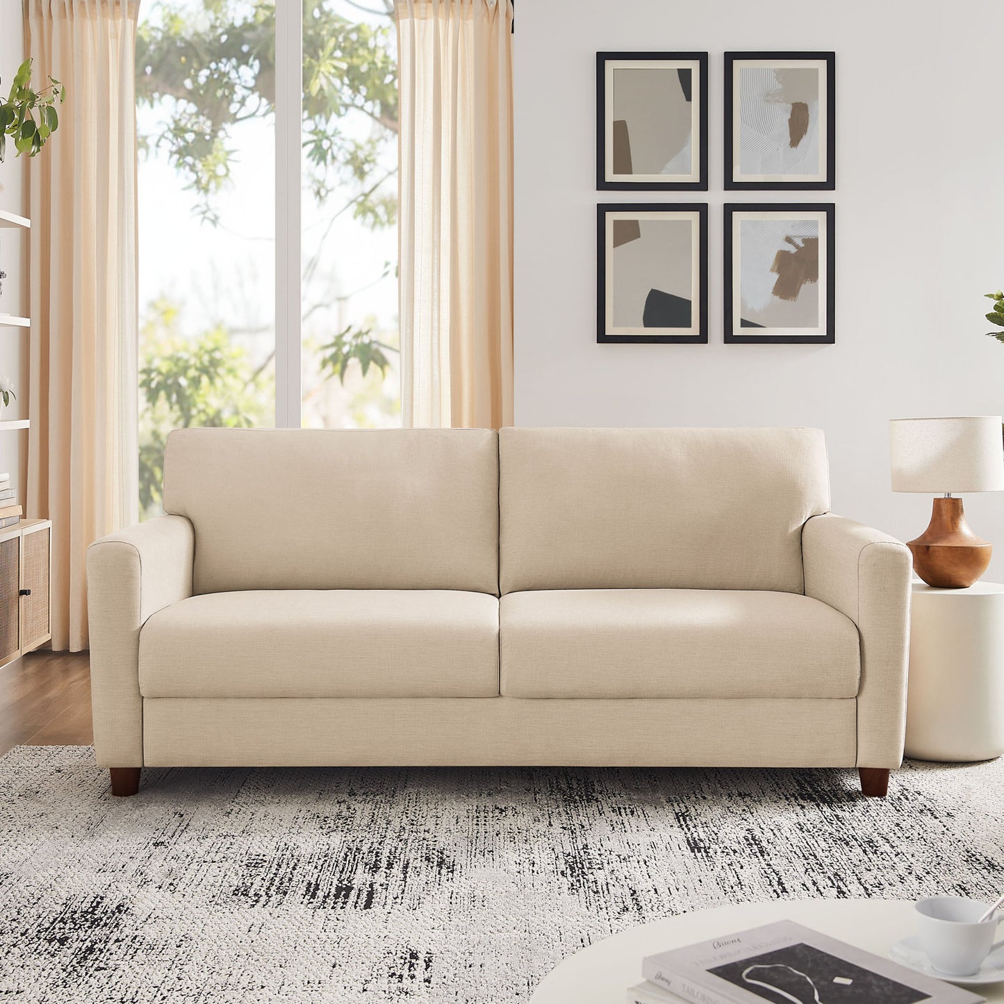 Modern Beige Fabric 3-Seater Loveseat Sofa for Living Room – Upholstered Couch with Solid Wood Legs