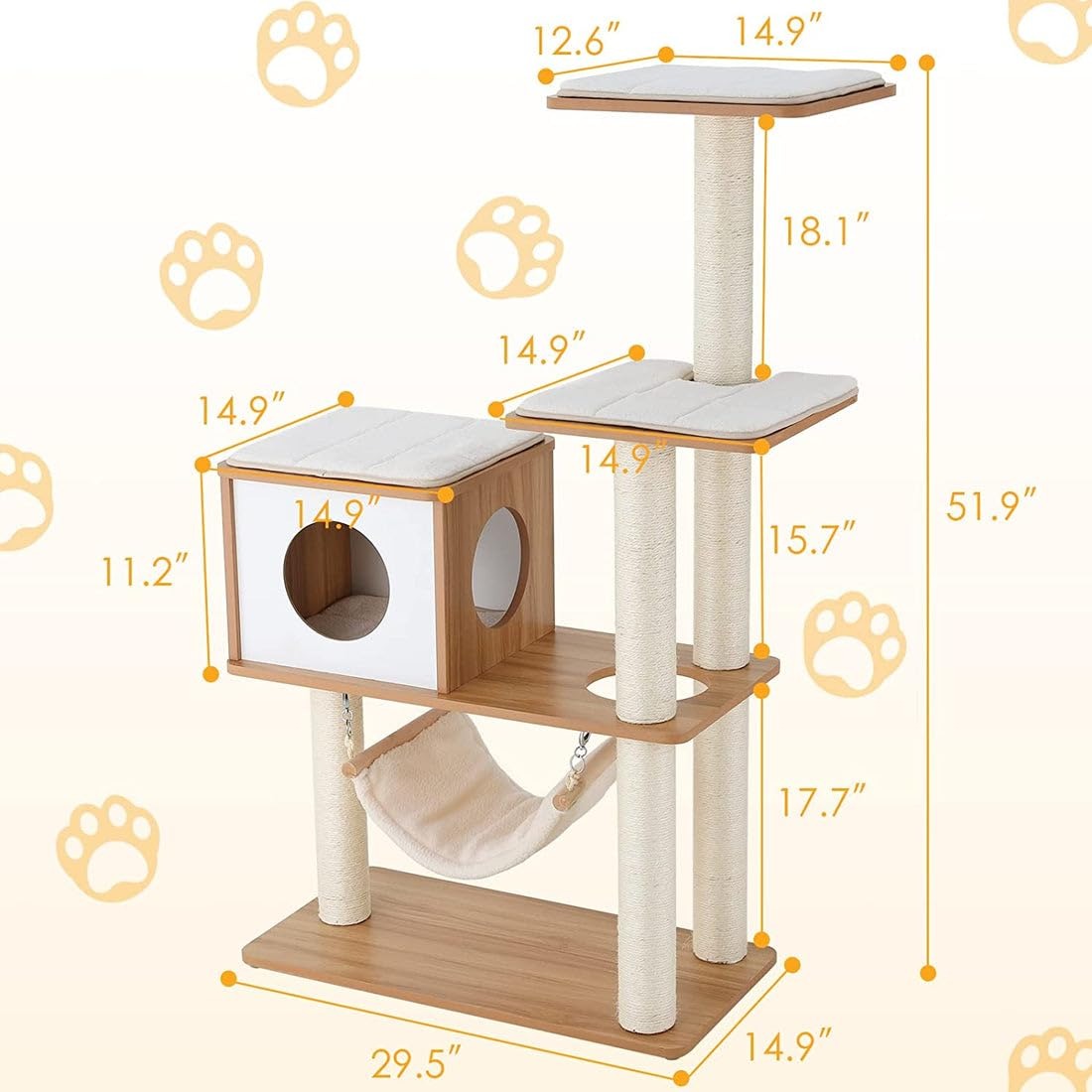 BELIEFWOOD Cats Tree Modern Tower House Multi-Level Cat House Hammock and Condo,Stable Cat Tree Cat Condo Pet Play House with Comfortable Cusion Seat for Cats Comfort