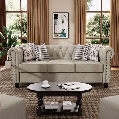Luxury Chesterfield Tufted Fabric Sofa – 3 Seater Modern Living Room Couch with Nailhead Arms