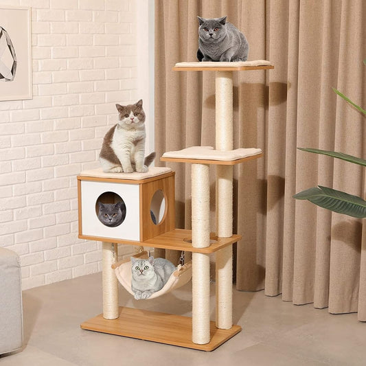 BELIEFWOOD Cats Tree Modern Tower House Multi-Level Cat House Hammock and Condo,Stable Cat Tree Cat Condo Pet Play House with Comfortable Cusion Seat for Cats Comfort