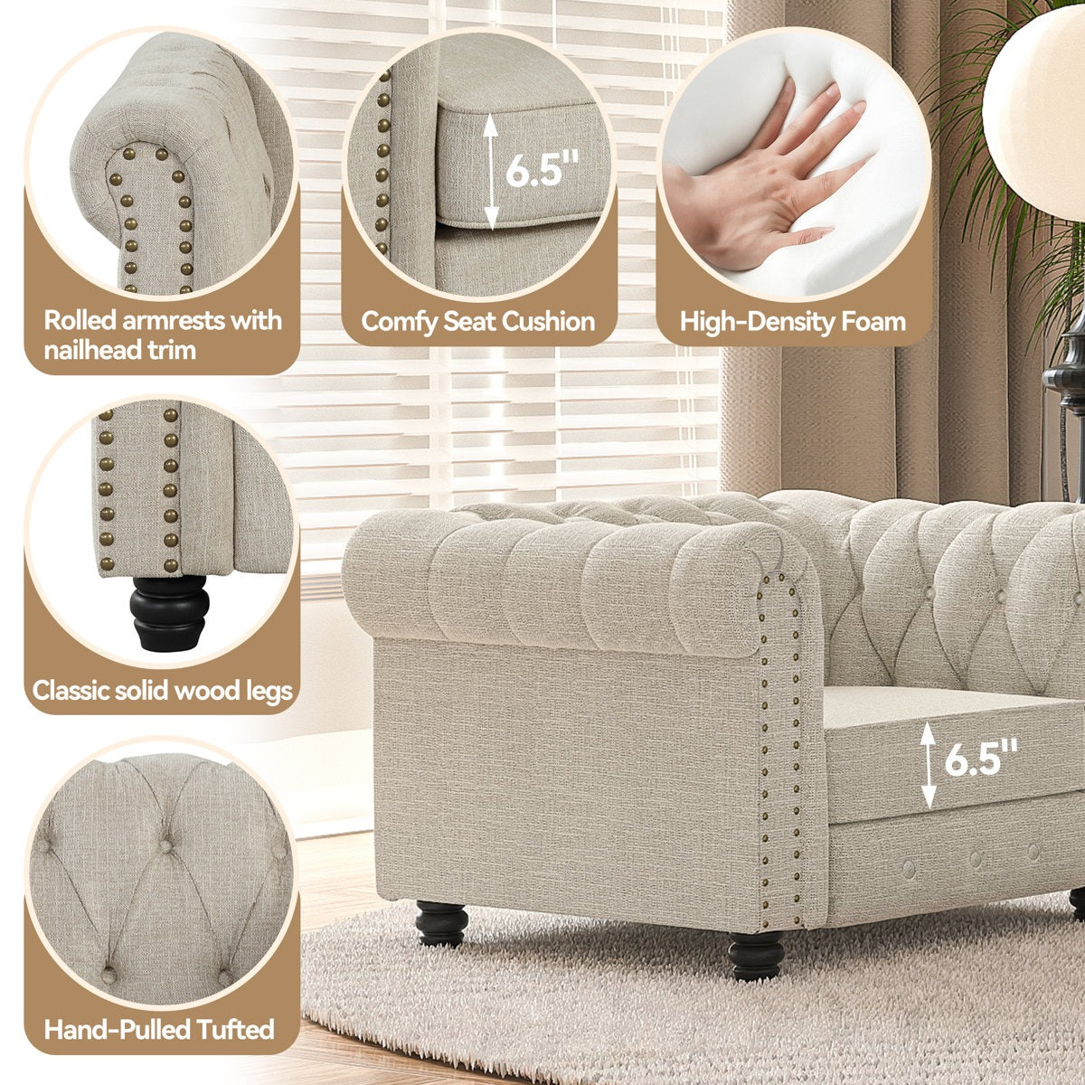 Luxury Chesterfield Tufted Fabric Sofa – 3 Seater Modern Living Room Couch with Nailhead Arms
