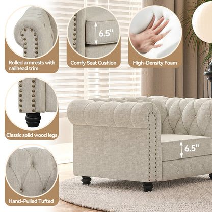 Luxury Chesterfield Tufted Fabric Sofa – 3 Seater Modern Living Room Couch with Nailhead Arms