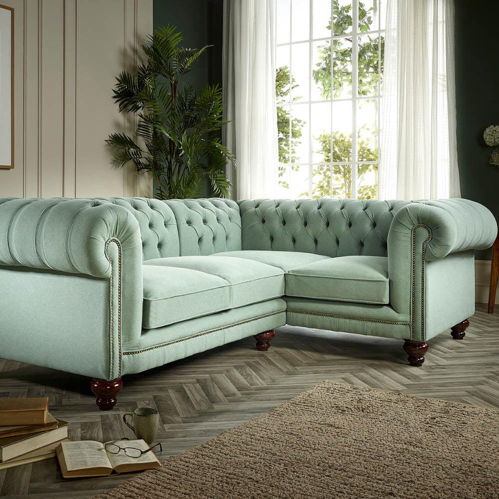 Luxury Mint Green Chesterfield Corner Sofa – Tufted Velvet Sectional Couch with Wooden Legs
