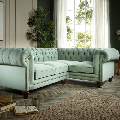 Luxury Mint Green Chesterfield Corner Sofa – Tufted Velvet Sectional Couch with Wooden Legs